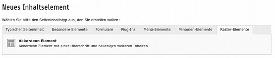 3. Im Reiter „Raster-Elemente“ das „Akkordeon Element“ auswählen.