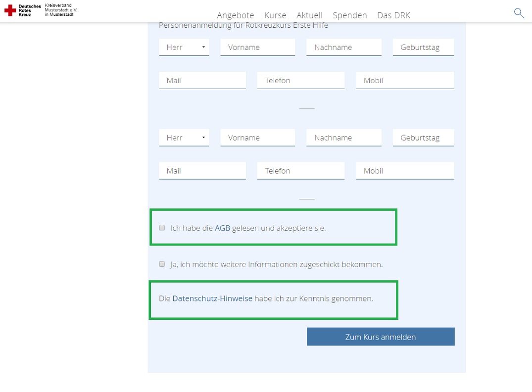 Links der Datenschutzerklärung und AGB festlegen