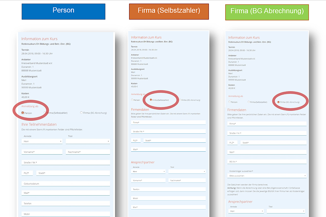 Kursanmeldung mit drei Onlineformularen