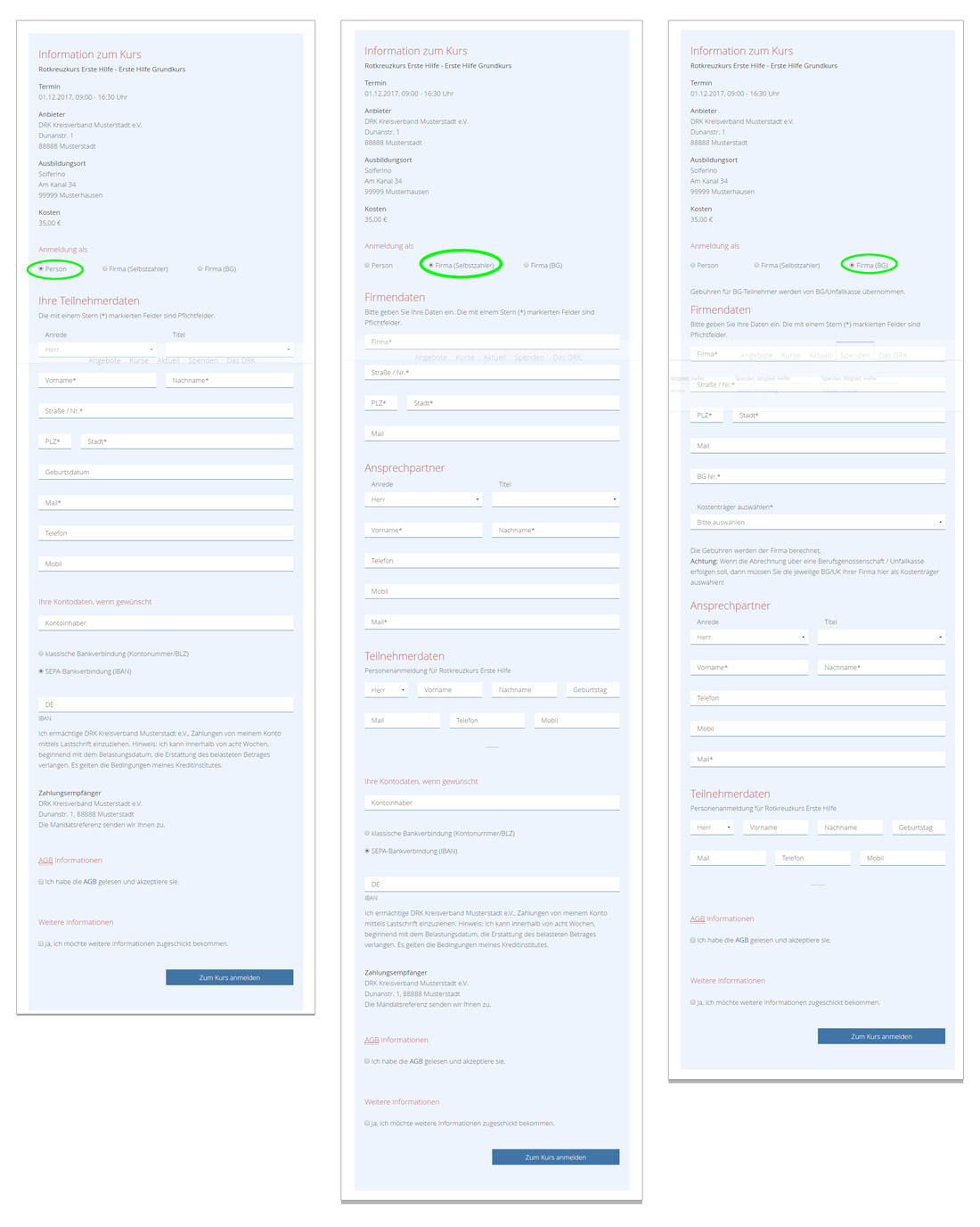 Kursanmeldung mit drei Onlineformularen