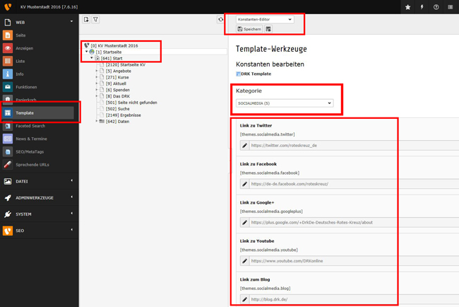 Socialmedialinks auf der Startseite ändern