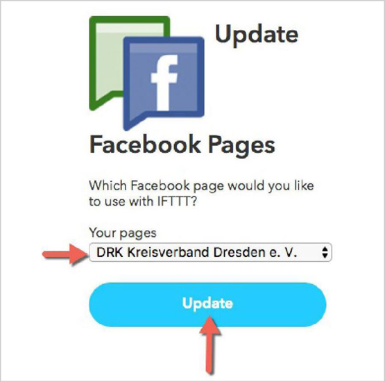 Nun wählen Sie die Facebookseite aus, auf der die neuen Nachrichten dargstellt werden sollen