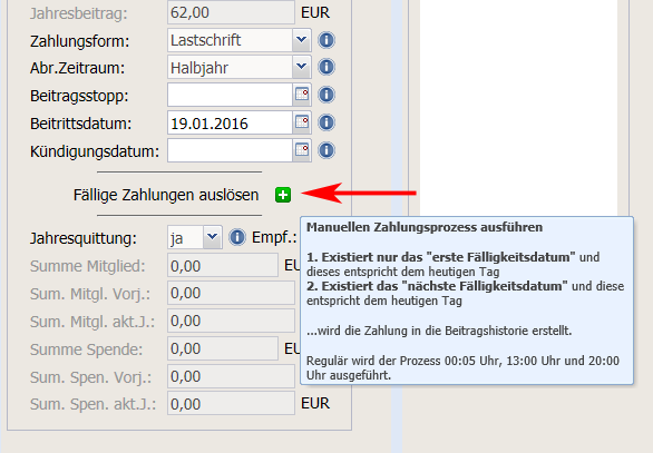 Manuelle Auslösung / Generierung „offener Beträge“ in die Beitragshistorie