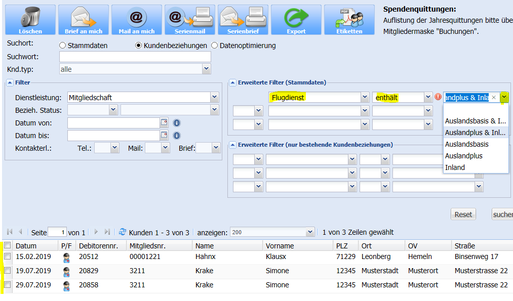 Ist ein Eintrag Flugdienst vorhanden, kann in der Suche/Recherche danach gefiltert werden: