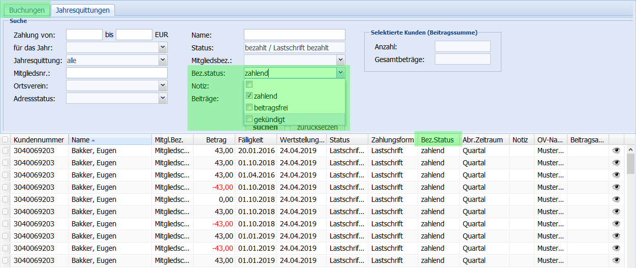 Filterfunktion der Buchungsliste wurde um Status zahlend, beitragsfrei, gekündigt erweitert