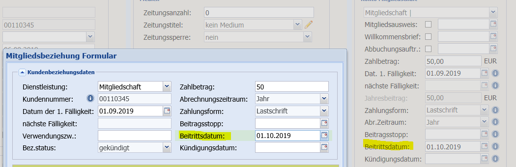 Das Eingabefeld „Eintritt“ wird umbenannt in „Beitrittsdatum“ und in den Eingabeblock „Konto Mitgliedschaft“ aufgenommen. Das Feld „Eintritt“ bleibt als Feld als reines Darstellungsfeld in der Ansicht erhalten und zeigt stets das Beitrittsdatum einer bestehenden Mitgliedschaft an.