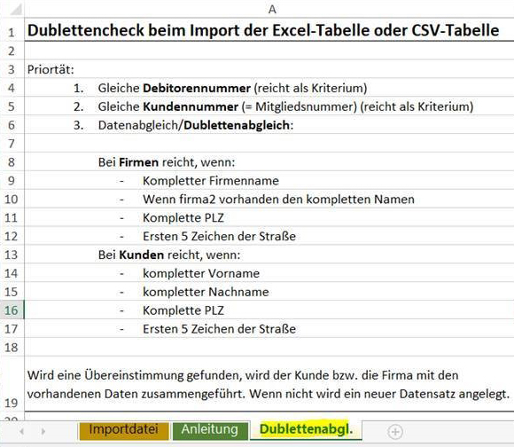 Die Vorlagen für die Importe wurden angepasst. Es wurde ein neuer Reiter „Dublettenabgl.“ hinzugefügt und der Inhalt ergänzt. 