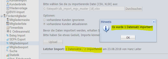 Mitgliedsimport – die korrekte Zahl der Importe wird angezeigt. Bsp. 1 von 3 DS wurde importiert.