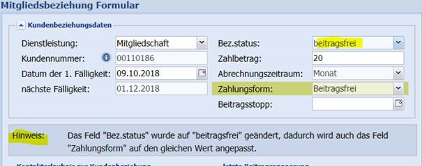 Änderungseingabe „Bez.status“ 