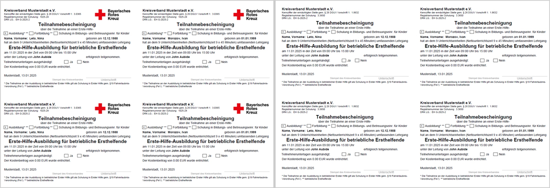 Den TN-Schein A6 gibt es ohne Logo oder mit DRK- oder BRK-Logo.