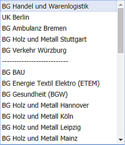 In der Auswahlliste werden zunächst die Berufsgenossenschaften aufgelistet, welche durch Firmenmitarbeiter mit dem aktuellen Kurs verknüpft sind. Im unteren Teil finden Sie alphabetisch sortiert, alle weiteren BGen.