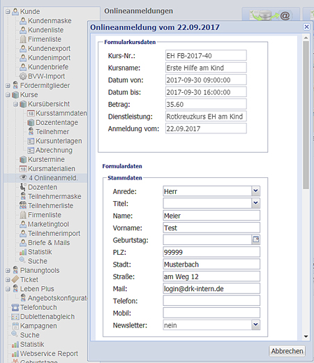 Onlineanmeldung Vorschau des Datensatzes überarbeitet.