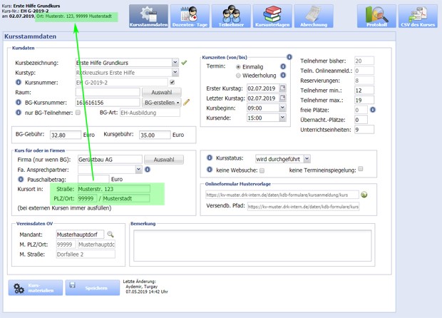 Kurstammdaten "Kursort in"