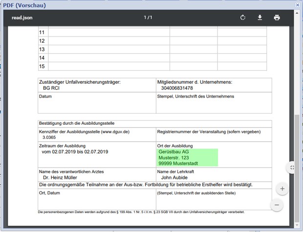 Beispiel Brief TN BG LDok Adr zeigt nun auch unter Lehrgangsort den Ort des Kurses