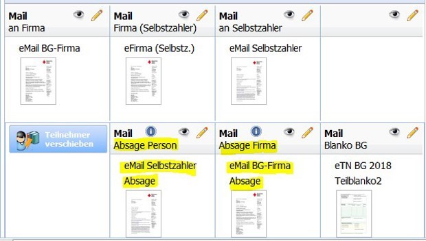 Um die Absage eines Kurses zu erleichtern, haben wir unter dem Funktionsbutton „Teilnehmer“ die Mailauswahl um die Absagevorlagen „Selbstzahler“ und „Firmen“ erweitert. 