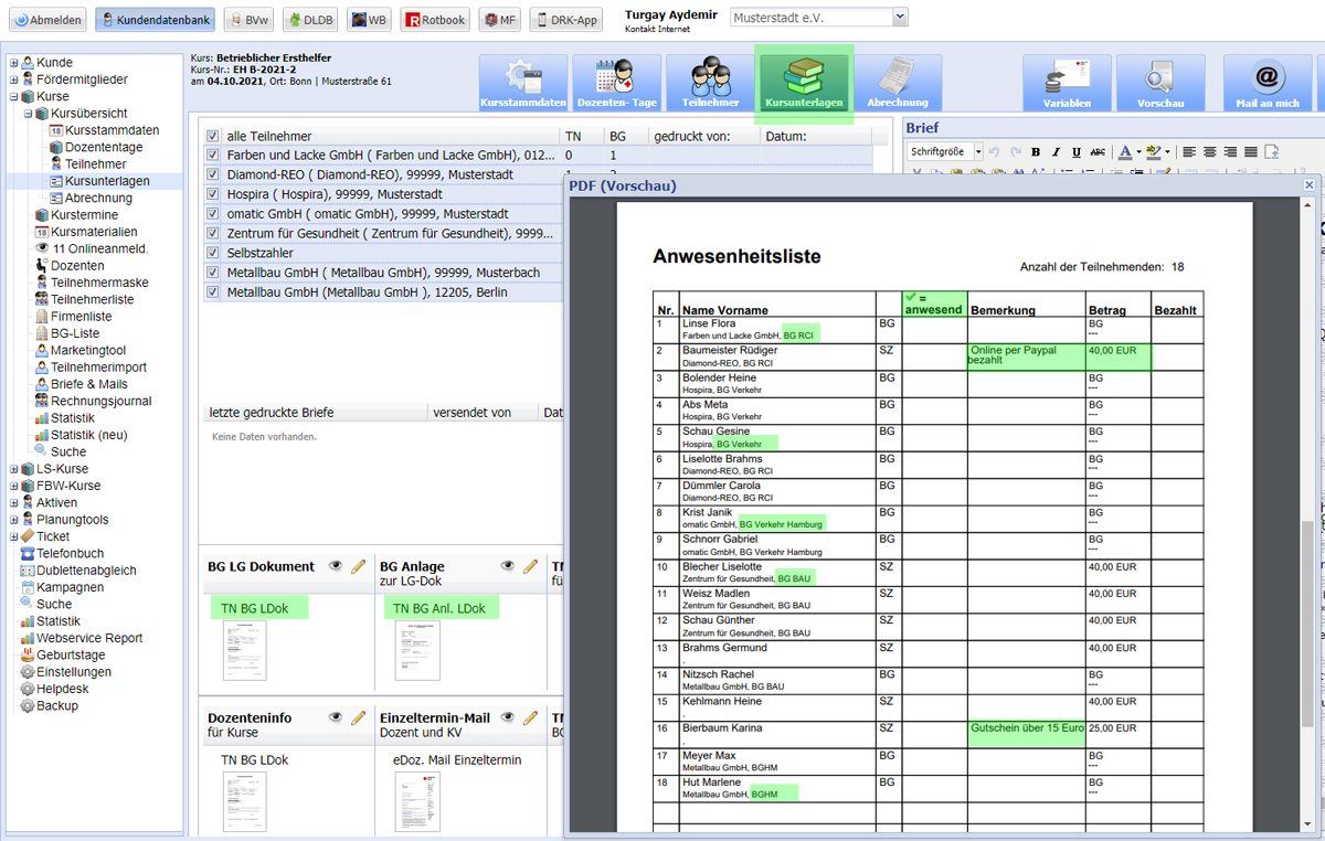 Lehrgangsdokumentation-Deckblatt – Teilnehmer- und Inkassoliste mit Firmen und BGs