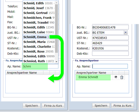Der Firmen-Ansprechpartner kann abgespeichert werden