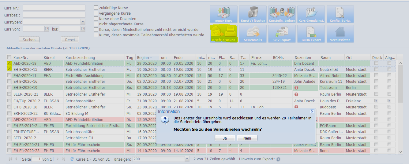 Teilnehmer bekommen für einen bestimmten Zeitraum kursübergreifend eine Absage/Mitteilung.