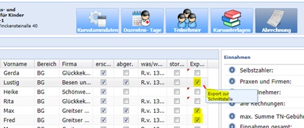 Selektion der Teilnehmer mit den Checkboxen „Export zur Schnittstelle“: