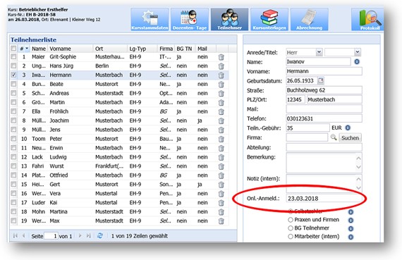 Onlineanmeldungen erhalten Datumseintrag