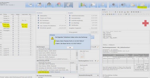 Existiert schon eine Rechnungsnummer für einen Kunden wird diese als Hinweis angezeigt.