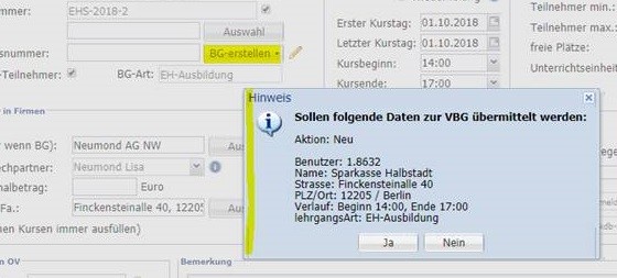 BG-Webserviceanmeldung zeigt Übertragungsdaten an 