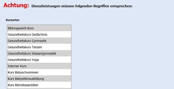 Auflistung Dienstleistungen der Gliederung