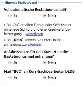 Kontrollmail für Kursanmeldungen an den Sachbearbeiter