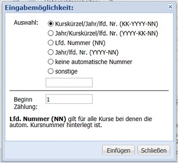 Kursnummernvergabe typenweise möglich 
