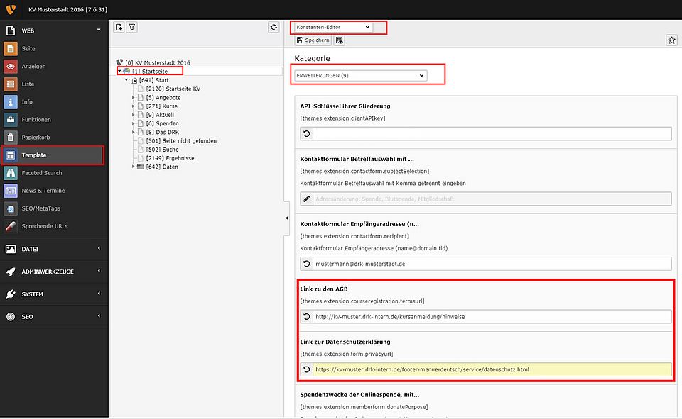 Tragen Sie Ihre Links unter Optionen 'Link zu den AGB' und 'Link zur Datenschutzerklärung' ein.